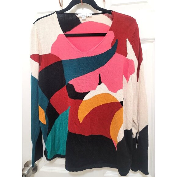 Chicos Abstract Multicolor V-Neck Long Sleeve Sweater XL Cotton & Rayon Blend - Picture 2 of 9